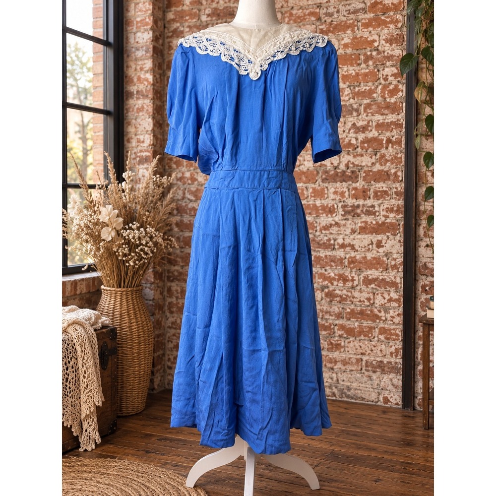 Vintage Royal Blue Lace Pearl Collar Midi Dress Cottagecore Prarie Victorian